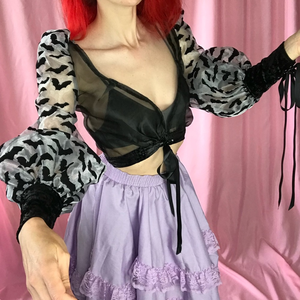 Spooky Bell Sleeve Sheer Tulle and Velvet Bat Crop